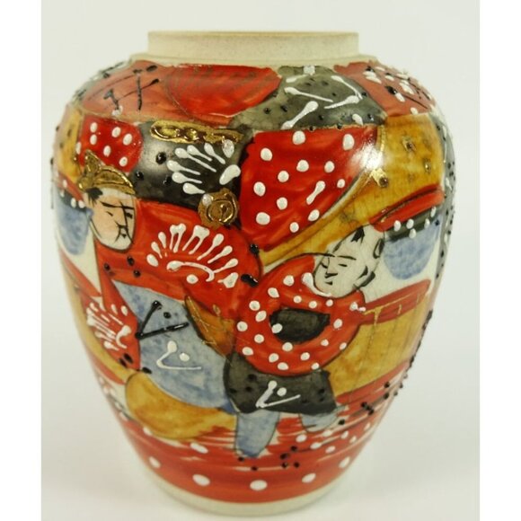 Vintage Satsuma-Style Art Vase Pottery Moriage Japanese Warrior Samurai Crazing - Picture 5 of 14